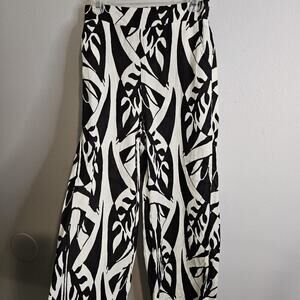 Rachel Zoe Cropped Linen Blend Pants Pull On High Rise Wide Leg Blk Ivory Sz S